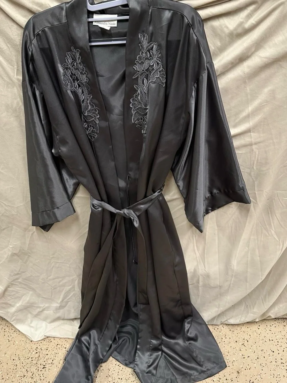 Silky grey lace floral robe.